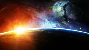 地球日出時分，太空中有色彩繽紛的星雲
