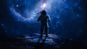 岩石上孤獨的太空人欣賞著充滿活力的藍色螺旋星系。 — 太空 壁紙