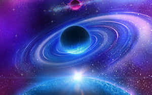 一顆藍色行星，帶有發光的環和明亮的星爆，在紫色的星域中。