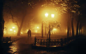 一對情侶在夜晚霧氣瀰漫的公園中，在明亮的街燈下一起散步。