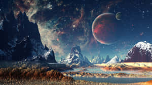 星空下，紅色行星和月亮在湖面上的外星雪山。