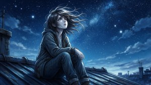 少年獨自坐在屋頂上凝視星空