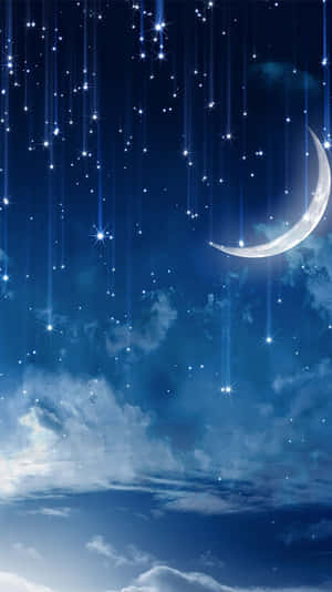 深藍色夜空中的新月和流星，伴隨著柔軟的雲層。 — 月色夜空 壁紙