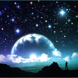 懸崖上一個人觀看發光星球和流星的剪影。 — 月色夜空 壁紙