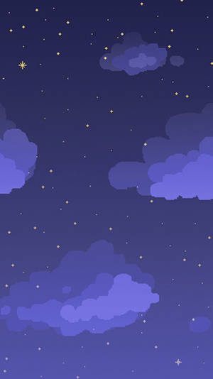 像素藝術夜空，帶有紫色雲朵和金色星星。