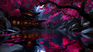 粉紅櫻花漂浮在傳統日本亭閣附近的黑暗水面上，月光下。 — 建築 壁紙