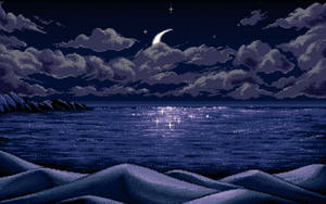 像素化夜空，月亮、星星和烏雲在平靜的海浪之上。 — 夜晚 GIF 壁紙