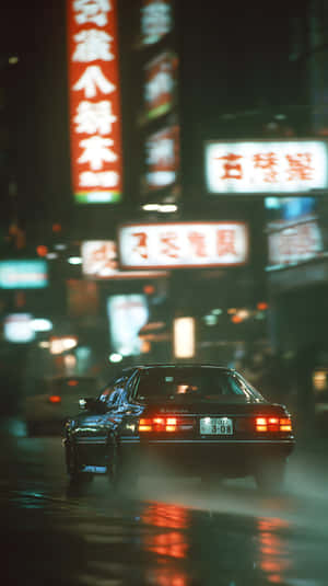 黑色汽車在雨夜的城市街道上行駛，發光的霓虹招牌倒映在水坑中 — 手機 壁紙