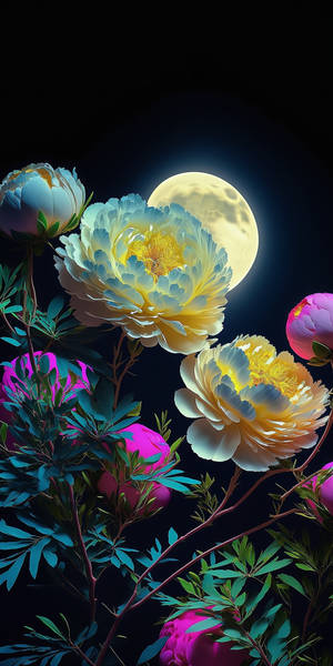 發光的牡丹在黑暗的夜景中，於閃爍的滿月下盛開。