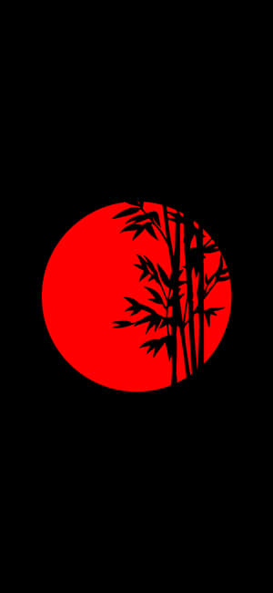黑色竹影襯托紅色太陽，背景為黑色。 — iPhone 14 壁紙
