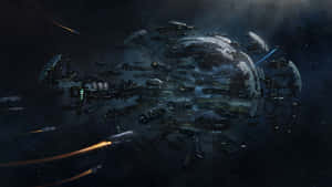 在深空中環繞行星的太空船艦隊，引擎發光並伴有武器火力。 — 3840x2160 壁紙