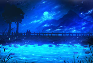兩個人在夜晚站在橋上，觀看星空下閃爍的水面。 — 霓虹藍色美學 壁紙