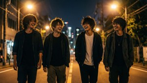 Given樂隊夜晚一齊行路，輕鬆嘅群體時刻。