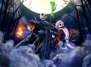 Jack Skellington 和 Sally 在夜晚騎著南瓜穿過鬧鬼的森林。