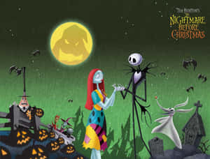 Jack Skellington 和 Sally 在萬聖節墓地裡，在傑克南瓜燈月亮下。