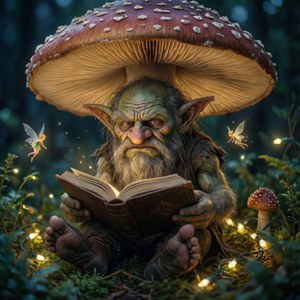 一個脾氣暴躁的地精在巨大的蘑菇下看書，周圍有仙女和仙女燈光。