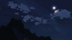 夜空 月亮 星星 雲 樹木剪影