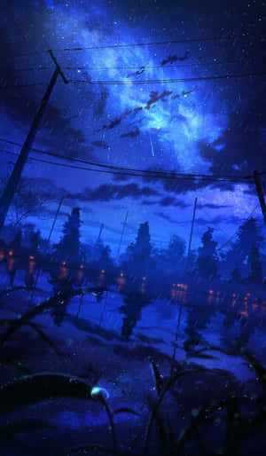 雨夜，電線和樹木在星空藍天下倒映在水坑中。