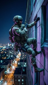 一名士兵在夜間沿摩天大樓繩降，下方是燈火通明的城市。 — 使命召喚：現代戰爭 壁紙