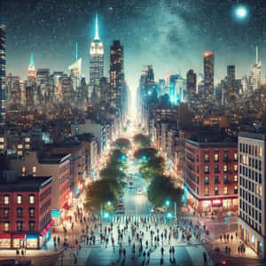 夜晚的城市街道，高聳的照明建築，人群行人，以及上方的星空。 — 星星 壁紙