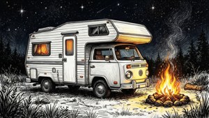 復古露營車停泊在營火旁，星空下森林中