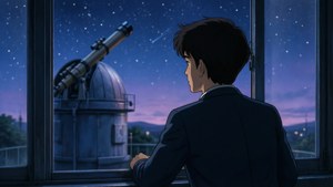 年輕男子穿西裝望出窗外看星空夜晚望遠鏡天文台