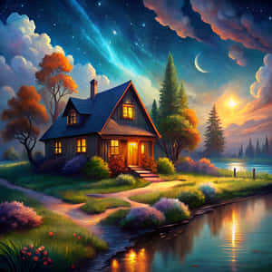 舒適的小屋，溫暖燈光，河邊，星空暮色天空下，有新月和彩色雲朵。 — 夜晚 GIF 壁紙