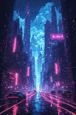 夜晚的未來城市街道，霓虹燈光在高聳建築物之間的濕漉漉的人行道上反射。 — 霓虹 壁紙
