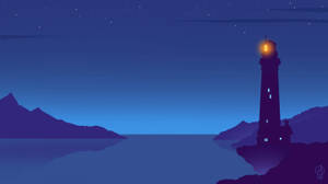 夜晚燈塔在岩石海岸上發光，有山和星星 — 燈塔 壁紙