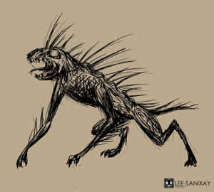一隻帶有獠牙的野生尖刺野獸，以素描風格向前猛撲。 — 深紫色美學 GIF 壁紙