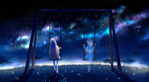 兩個女孩在鞦韆上，星空夜空下有發光的星雲。