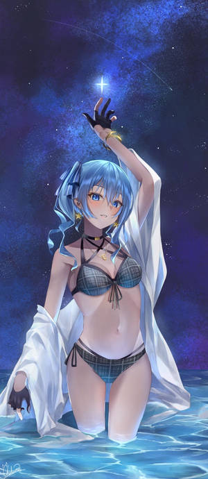 穿格子比基尼的動漫女孩在宇宙水中觸碰閃亮星星