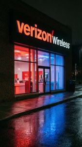 夜晚的 Verizon Wireless 店舖，霓虹燈光在濕漉漉的路面上反射。