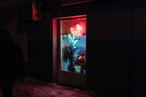 霓虹玫瑰標誌在雪夜的城市商店櫥窗中閃耀。 — 夜景城市 壁紙