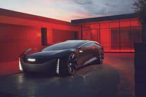 黑色未來感汽車在紅色光芒下停泊於現代建築前（黃昏）。