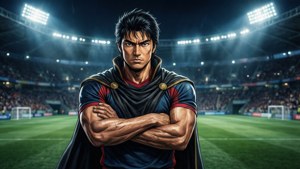 動漫足球運動員披斗篷站在體育場上，燈光璀璨。