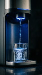 藍色燈光下的飲水機在夜間將閃閃發光的水注入玻璃杯。