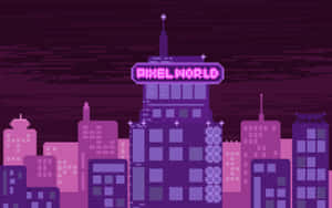夜晚的像素化城市天際線，帶有發光的霓虹燈牌，上面寫著 PixelWorld。