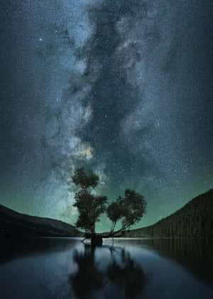 一棵孤樹倒映在水中，下方是充滿活力的繁星夜空，銀河閃耀。