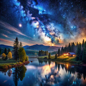 河邊發光的小屋在充滿活力的星空下反射，背景有山脈和樹木。 — 太空 壁紙