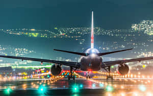 夜間濕滑跑道上的飛機，背景有城市燈光。