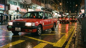 夜間濕滑城市街道上的紅色計程車，霓虹燈光反射。 — 香港 壁紙