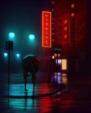 夜晚在雨中的霓虹燈城市街道上撐傘行走的人。 — 情侶 GIF 壁紙