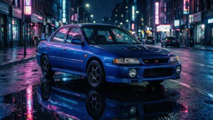 藍色跑車停在潮濕的城市街道上，夜間反射霓虹燈光。