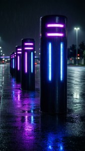 霓虹紫色和藍色護柱在潮濕的雨夜街道上發光。