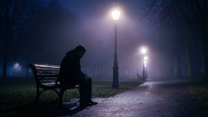 夜晚，一個人在迷霧公園的街燈下獨自坐在長椅上。