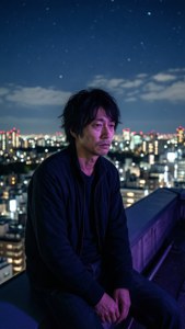 男子坐在屋頂上，晚上在星空下俯瞰城市