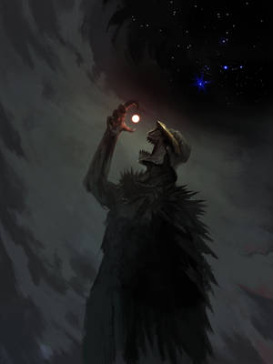 一個戴著兜帽的怪物在繁星點點的夜空下握著一個發光的球體。 — 夜晚 GIF 壁紙