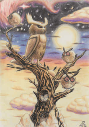 三隻貓頭鷹在樹枝上，背景是星光燦爛的夜空，有一輪發光的月亮。 — 藝術 壁紙