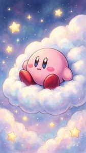 粉紅色 Kirby 角色在星空雲上睡覺